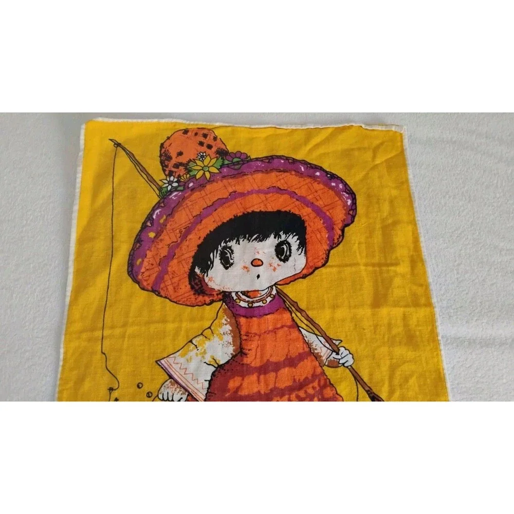 Vtg 70s Linen Tea Towel Boho Big Eyed Girl Going Fishing Yellow Orange Green